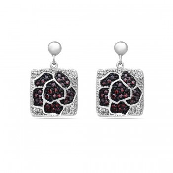 Sterling Silver Earring 14X14mm Garnet Cubic Zirconia Rose with Black Rhodium Plating+Clear Cubic Zirconia Around