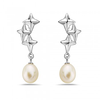 Sterling Silver Earring 3 Star Top+White Fresh Water Pearl Drop