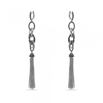 Sterling Silver Earring Black Cubic Zirconia Multiple Open Oval Links with Chains Da