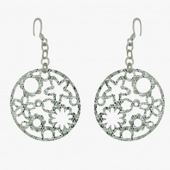 Sterling Silver Earring 40mm Textured Open Flower Circle with Fish