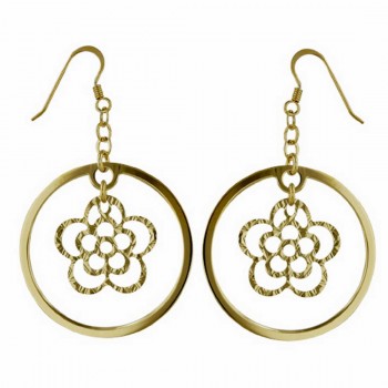Sterling Silver Earring 20mm Textured Open Flower+35mm Flat Circle