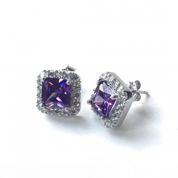 Sterling Silver Earring 11X11Mm Square Amethyst Cubic Zirconia With Clear Cubic Zirconia