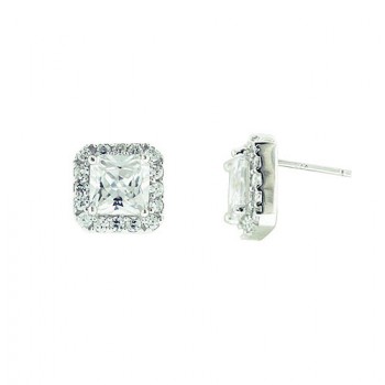 Sterling Silver Earring 11X11mm Clear Cubic Zirconia Square with Clear Cubic Zirconia Around+4 Prongs
