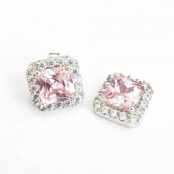 Sterling Silver Earring 11X11Mm Square Pink Color Cubic Zirconia With Clear