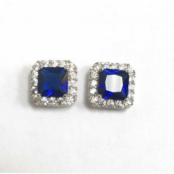 Sterling Silver Earring 11X11Mm Square Sapphire Blue Glass With C