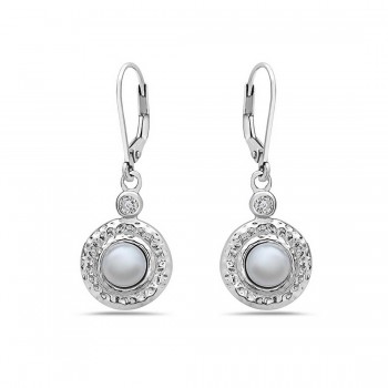 Sterling Silver Earring Cubic Zirconia+6mm Fresh Water Pearl with Lever Back