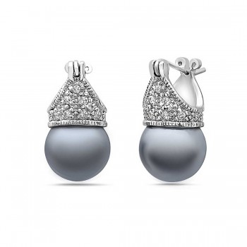 Sterling Silver Earring with Rhodium 12mm Gray Glass Pearl+ Clear