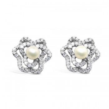 Sterling Silver Earring Clear Cubic Zirconia with 8mm White Fresh Water Pearl Refer To 6S-44