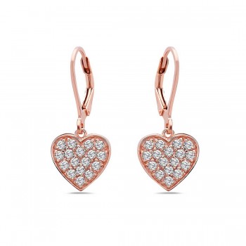 Sterling Silver Dangle Earring of Rose Gold Hearts with Clear C