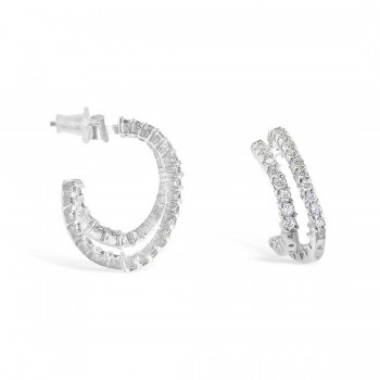 Sterling Silver Earring Double Clear Cubic Zirconia Lines