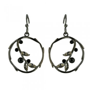 Sterling Silver Earring Leaf 20-20mm Circle with Black Crystal Rutenia P