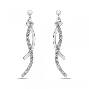 Sterling Silver Earring with 2 Wavy Lines with Clear Cubic Zirconia