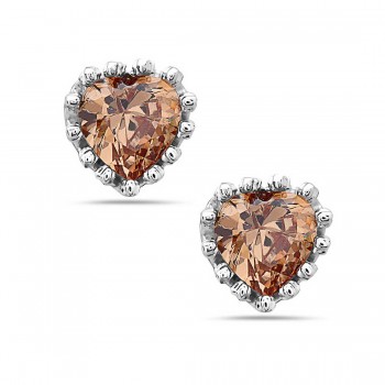 Sterling Silver Earring Heart Stud with Champagne Cubic Zirconia