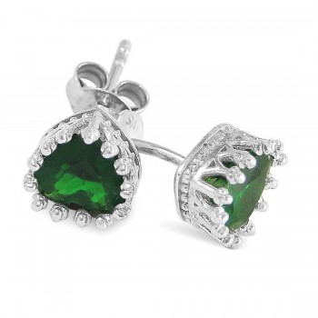 Sterling Silver Earring Heart Stud with Green Cubic Zirconia