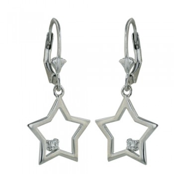 Sterling Silver Rhodium Plating Earring of Open Star with Clear Cubic Zirconia