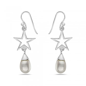 Sterling Silver Earring Open Star Hook Dangling with 7-10mm Fresh Water Pearl-