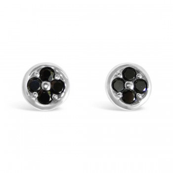 Sterling Silver Earring Round Stud with 4 Black Cubic Zirconia
