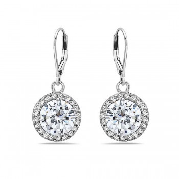 Sterling Silver Earring Round Clear Cubic Zirconia with Clear Cubic Zirconia Around