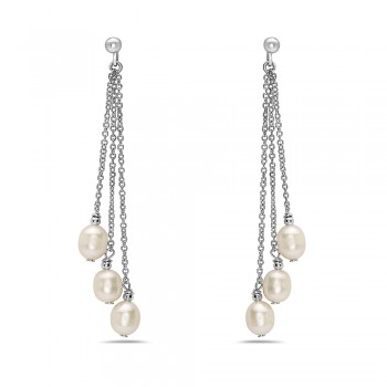 Sterling Silver Earring Three Chains with 5-7mm Fresh Water Pearl Dangling