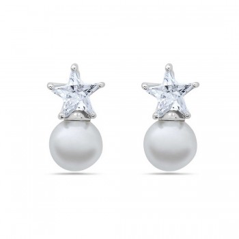 Sterling Silver Earring Clear Cubic Zirconia Star+8-8mm Faux White Pearl