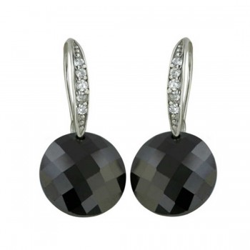 Sterling Silver Earring 13mm Black Cubic Zirconia Chess Cut Round Stone with Clear C