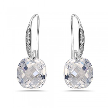 Sterling Silver Earring 12-12mm Clear Cubic Zirconia Chess Cut Cushion Shape with Clear