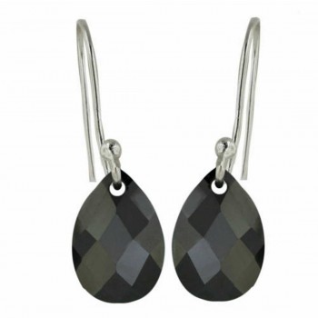 Sterling Silver Earring 8-12mm Black Cubic Zirconia Chess Cut Teardrop with Fish