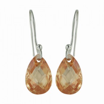 Sterling Silver Earring 8-12mm Champagne Cubic Zirconia Chess Cut Teardrop with Fish Hoo