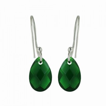 Sterling Silver Earring 8-12mm Emerald Glass Chess Cut Teardrop with