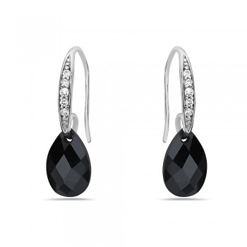 Sterling Silver Earring 8-12mm Black Cubic Zirconia Chess Cut Teardrop with Clear Cubic Zirconia