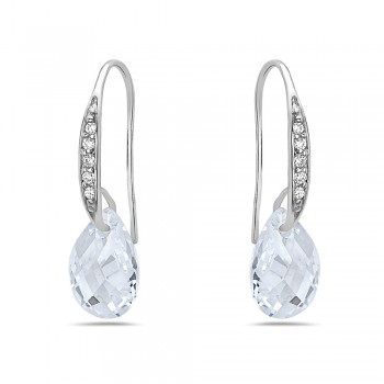 Sterling Silver Earring 8-12mm Clear Cubic Zirconia Chess Cut Teardrop with Clear Cubic Zirconia Fi