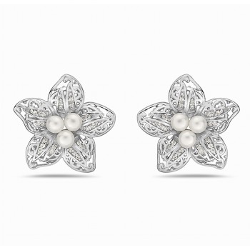 Sterling Silver Earring with 3 4mm Fresh Water Pearl with Clear Cubic Zirconia Petals with Post