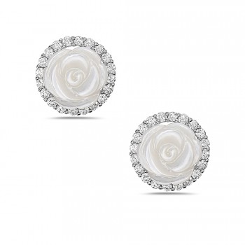 Sterling Silver Earring with 11mm Mother of Pearl Flower with Circle Clear Cubic Zirconia B