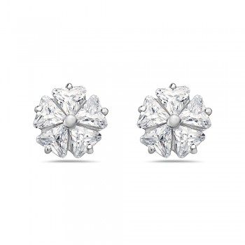 Sterling Silver Earring Stud with Clear Cubic Zirconia Flower 10 mm Diameter