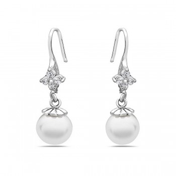 Sterling Silver Earg 8Mm Shell Pearl W/ Clear Cz & French Wire