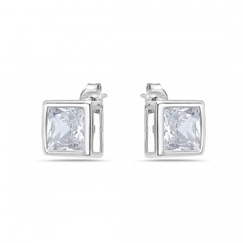 Sterling Silver Earring 9mm Square Cubic Zirconia Stud