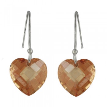 Sterling Silver Earring 13-13mm Champagne Cubic Zirconia Chess Cut Heart Shape with Fish