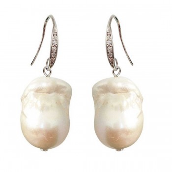 Sterling Silver Earring Cubic Zirconia Hook Baroque White Pearl