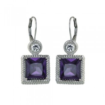 Sterling Silver Earring 9.5mm Square Amey Cubic Zirconia with Twisted Bezel with 3.5mm