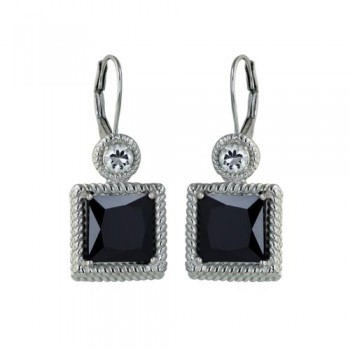 Sterling Silver Earring 9.5mm Square Black Cubic Zirconia with Twisted Bezel with 3.5M