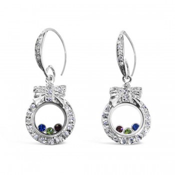 Sterling Silver Earring 15-15mm Round Frame with 3 Color Cubic Zirconia inside Fi