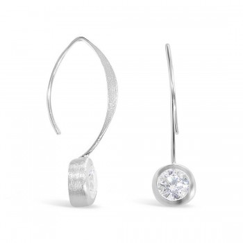 Sterling Silver Earring 24mm Almond Hook with 8mm Clear Cubic Zirconia with Matte