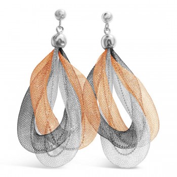 Sterling Silver Earring Twisted Nets Oval Shape Mixed Color Rg+Rhodium Plating+