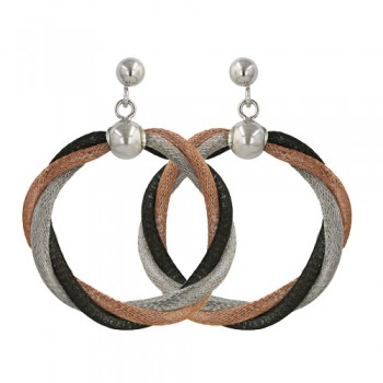 Sterling Silver Earring Three Twisted Net Tube Tr-Tone Circle