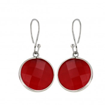 Sterling Silver Earring 16.3mm Faceted Dyed Coral Round Bezel with Fi