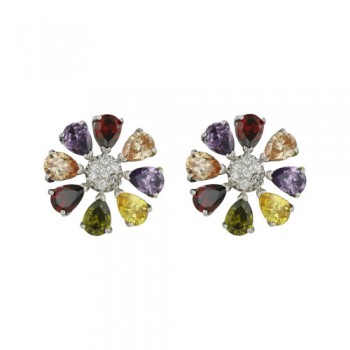 Sterling Silver Earring Multicolor-Color Cubic Zirconia 8 Petals Flower Garnet +Champagne+Citrine+Olivine