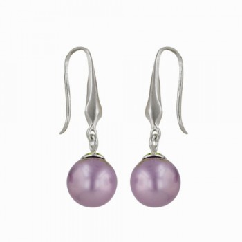 Sterling Silver Earring 9mm Round Pearl Purple with Designed Fish Hoo