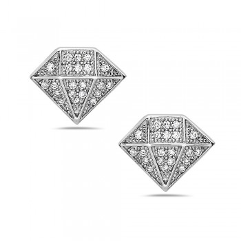 Sterling Silver Earring 10-12mm Diamond Shape with Clear Cubic Zirconia Pave Stud