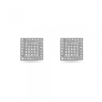 Sterling Silver Earring 10.5-10.5 Square Stud with 2 Layers Clear Cubic Zirconia Pave