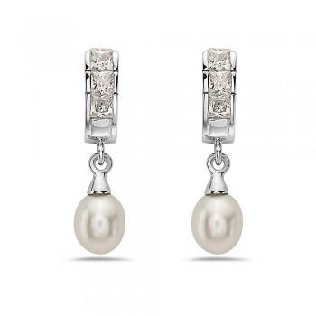 Sterling Silver Earring 25mm Length 5-8mm Fresh Water Pearl with Clear Cubic Zirconia Post Danglin
